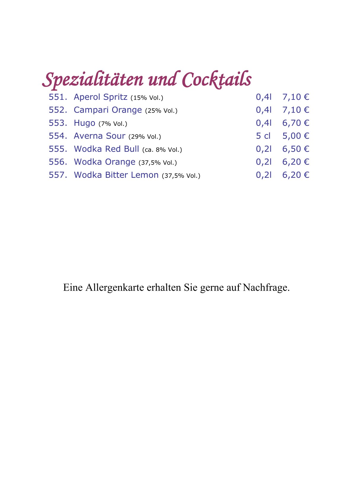 Speisekarte
